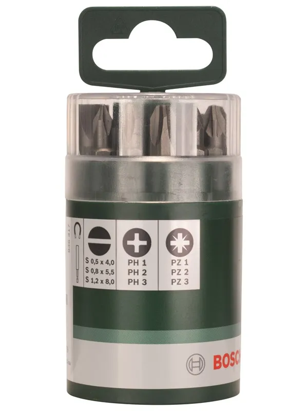 Bosch 10-delers sett skrutrekkerbits standard, blandet (S, PH, PZ) Universalholder, magnetisk; S0,5 x 4,0; S0,8x5,5; S1,2 x 8,0; PH1; PH2; PH3; PZ1; PZ2; PZ3; 25 mm