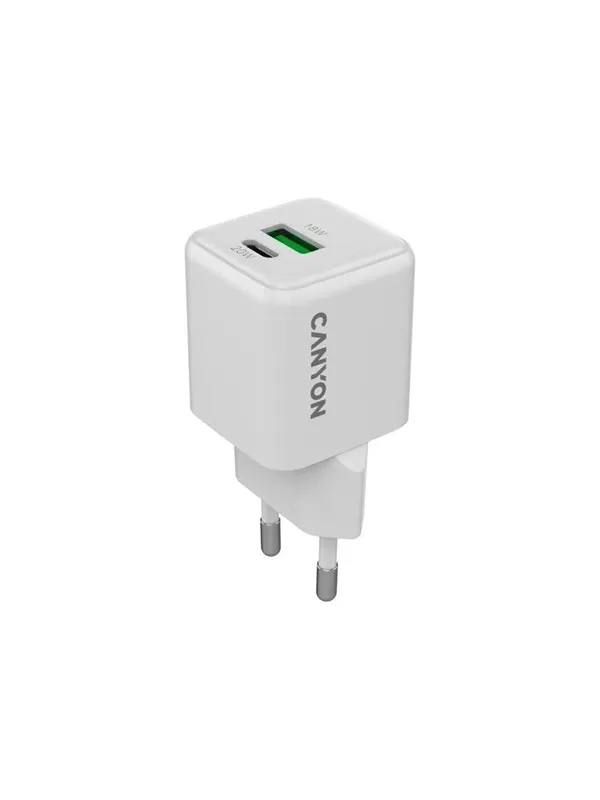 Canyon GaN 20W USB-C PD & USB-A Lader, Hvit