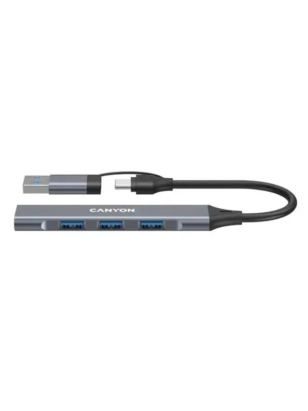 Canyon DS-02 4-i-1 USB-A/C hub, grå USB-hub - USB 3.0 - 4 porter - Grå