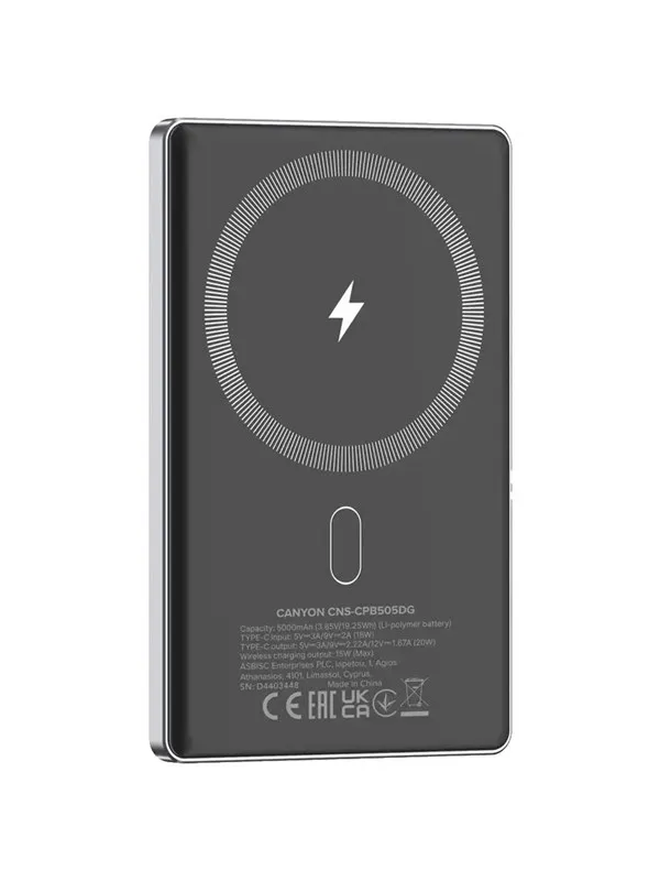 Canyon OnPower 505 MagSafe Powerbank 5000mAh, Grå - 5000 mAh