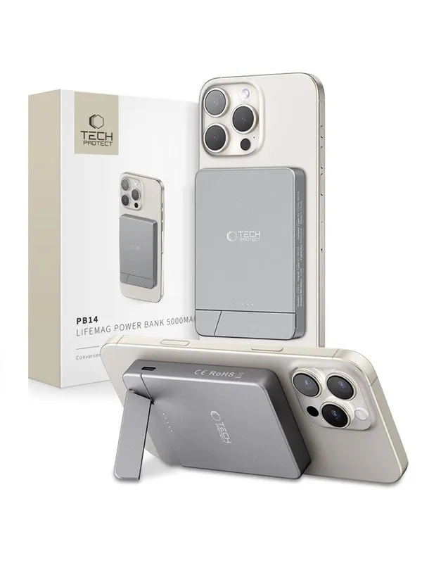 Tech-Protect Powerbank PB14 LifeMag MagSafe 5000 mAh - Grey Nødlader - Grey - 5000 mAh