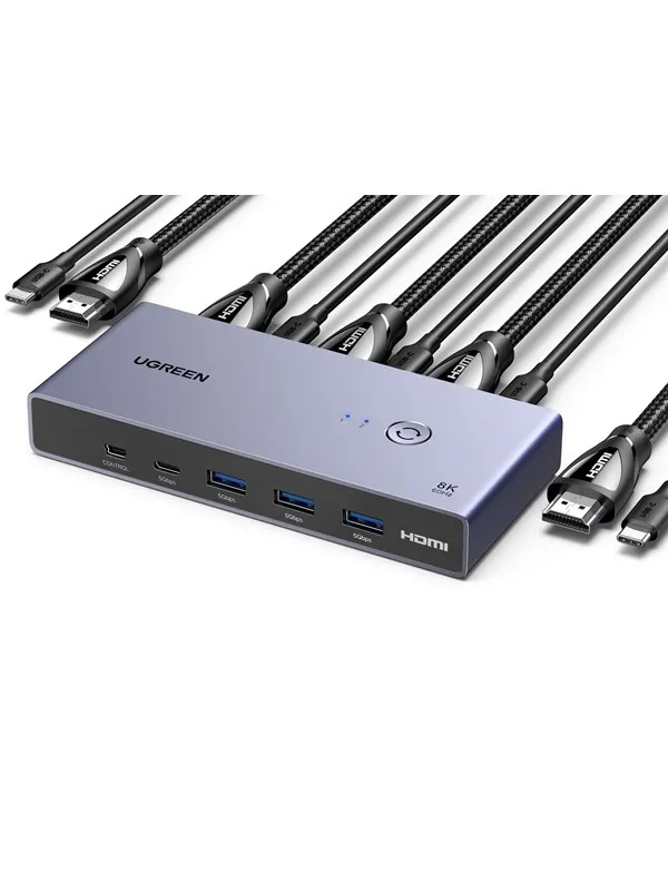 UGREEN 8K HDMI KVM Switch 4 USB 3.0 Ports (3 USB-A + 1 USB-C) 2 HDMI Cables 2 USB Cables and Controller