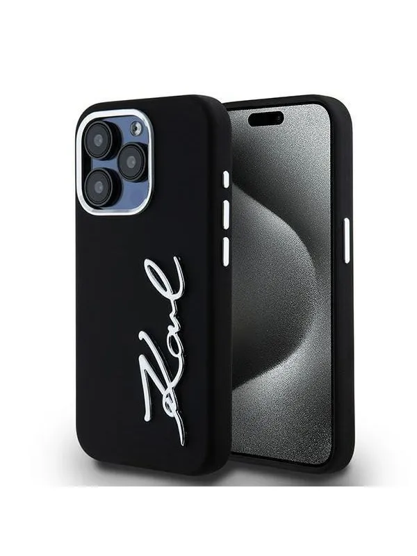 Karl Lagerfeld Silicone Metal Script Logo case for iPhone 15 Pro - black