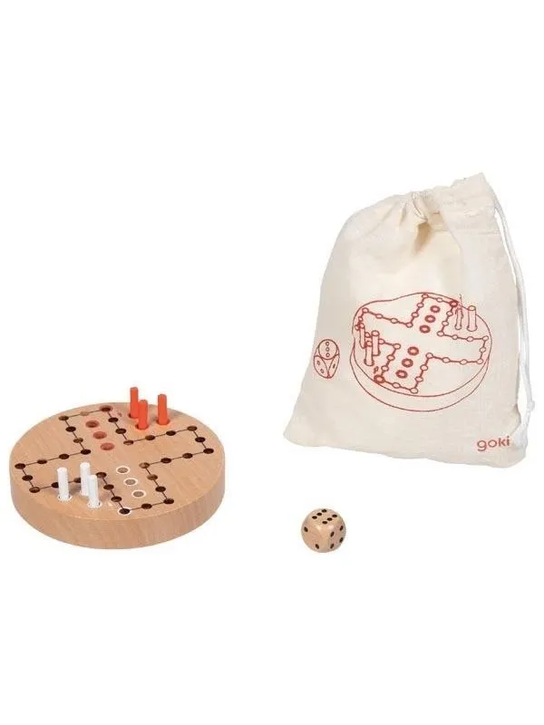 Goki Wooden Ludo Game in Cotton Storage Bag