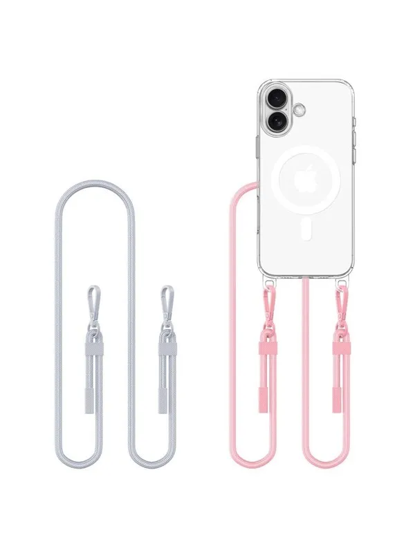 Tech-Protect  Flexair Chain MagSafe Case for iPhone 16 - Clear + 2 Lanyards (Pink & Gray)