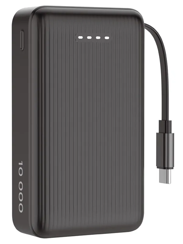 Deltaco PB-CC102 - Powerbank 10 000 mAh - Retractable USB-C cable 90 cm + 1x USB-C PD 20 W - Black Nødlader - Svart - 10000 mAh