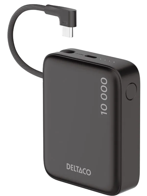 Deltaco PB-CC101 - Powerbank 10 000 mAh - built-in fabric USB-C cable 20W + 1x USB-C - Black Nødlader - Svart - 10000 mAh