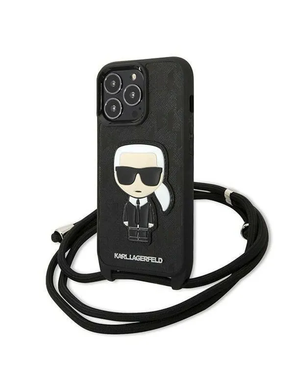 Karl Lagerfeld Leather Monogram Patch and Cord Iconik Case for iPhone 13 Pro / 13 - Black