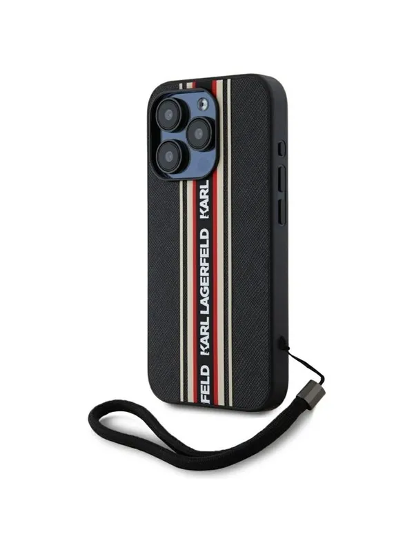 Karl Lagerfeld Saffiano Athleisure Stripes Cord iPhone 15 Pro Max Case - Red