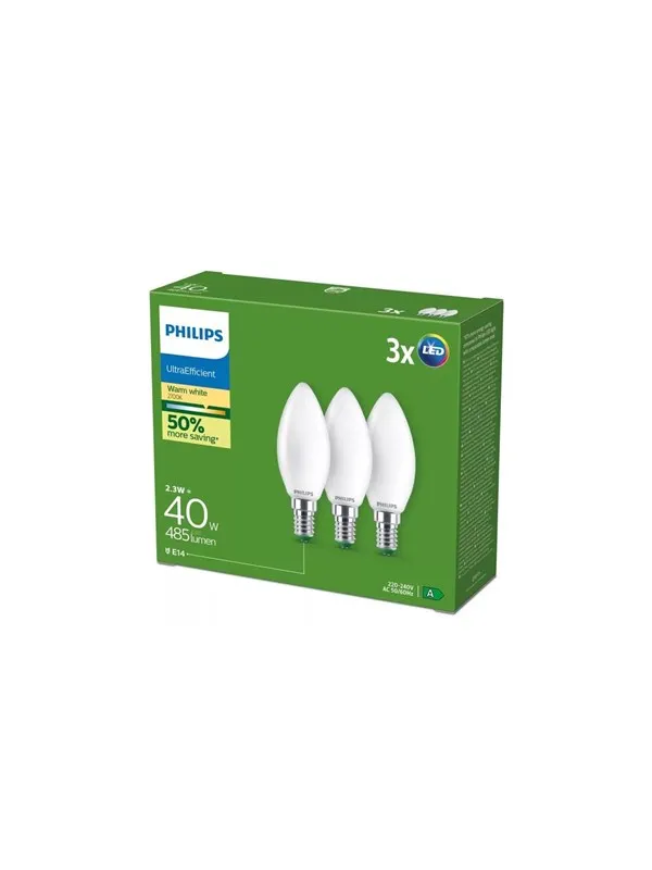 Philips LED-lyspære Ultra Efficient B35 2,3W/827 (40W) Frosted 3-pack E14