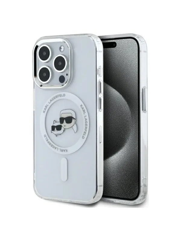 Karl Lagerfeld IML Metal Karl&Choupette Head MagSafe Case for iPhone 15 Pro Max - White