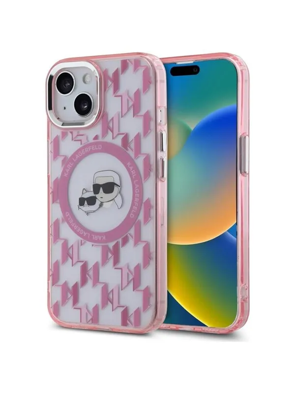 Karl Lagerfeld IML Monogram Karl & Choupette Head MagSafe iPhone 15 Case - Pink