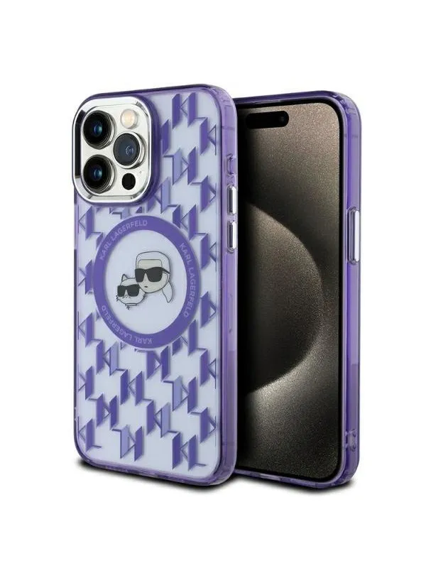 Karl Lagerfeld IML Monogram Karl & Choupette Head MagSafe iPhone 15 Pro Case - Purple