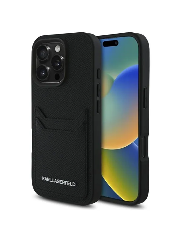 Karl Lagerfeld HC Grained PU Cardslot Metal Elong Case for iPhone 16 Pro Max - Black