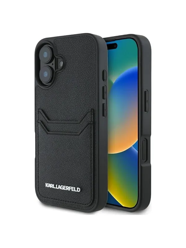 Karl Lagerfeld HC Grained PU Cardslot Metal Elong iPhone 16 Case - Black