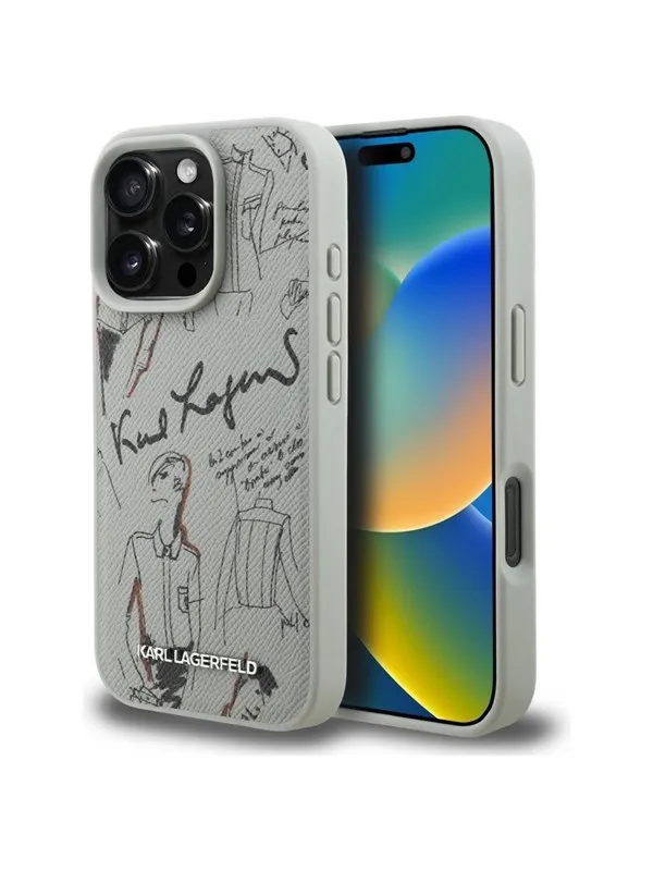 Karl Lagerfeld Grained Pattern & Logo MagSafe Case for iPhone 16 Pro Max - Gray
