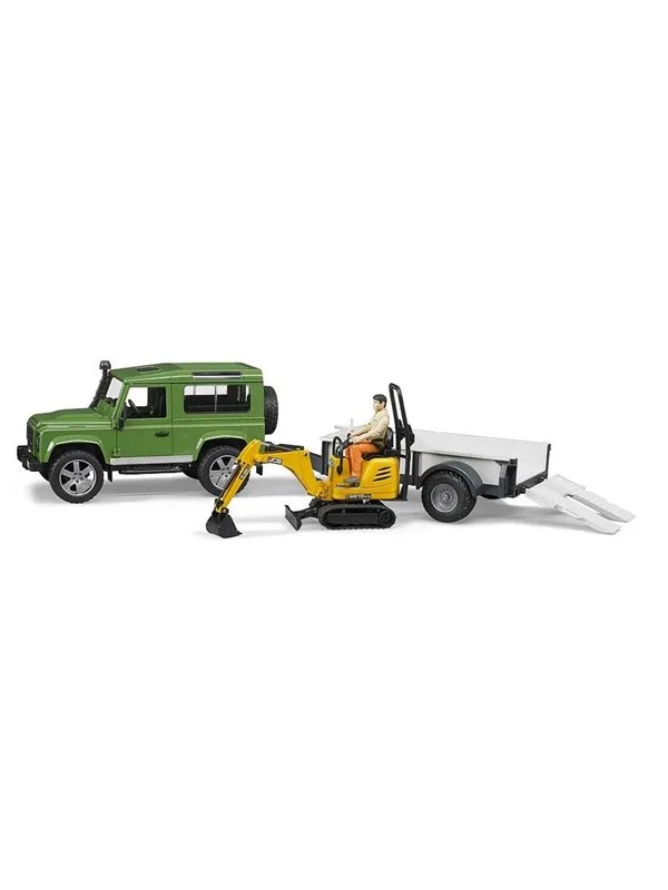 Bruder Land Rover Defender one axle trailer JCB micro excavator + worker