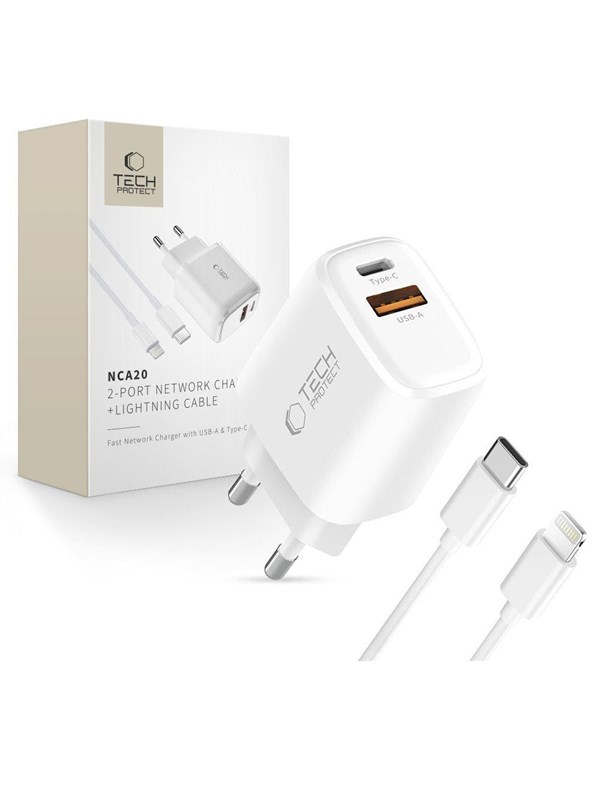 Tech-Protect  NCA20 PD 20W QC3.0 USB-A / USB-C + USB-C / Lightning Cable 100cm - White
