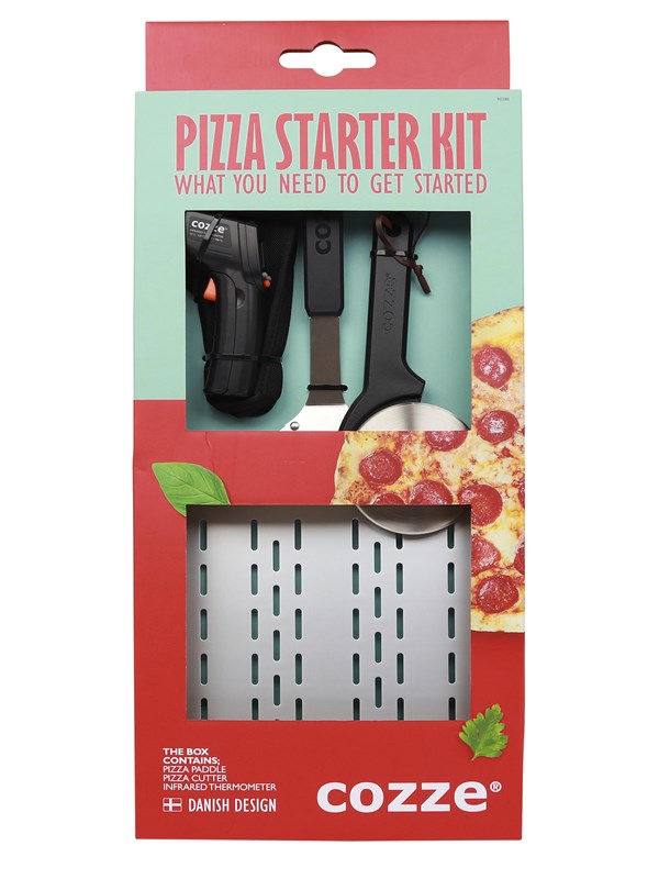 cozze gavesett i 3 deler: Pizzaspade, termometer og pizzaskjærer i gaveeske.