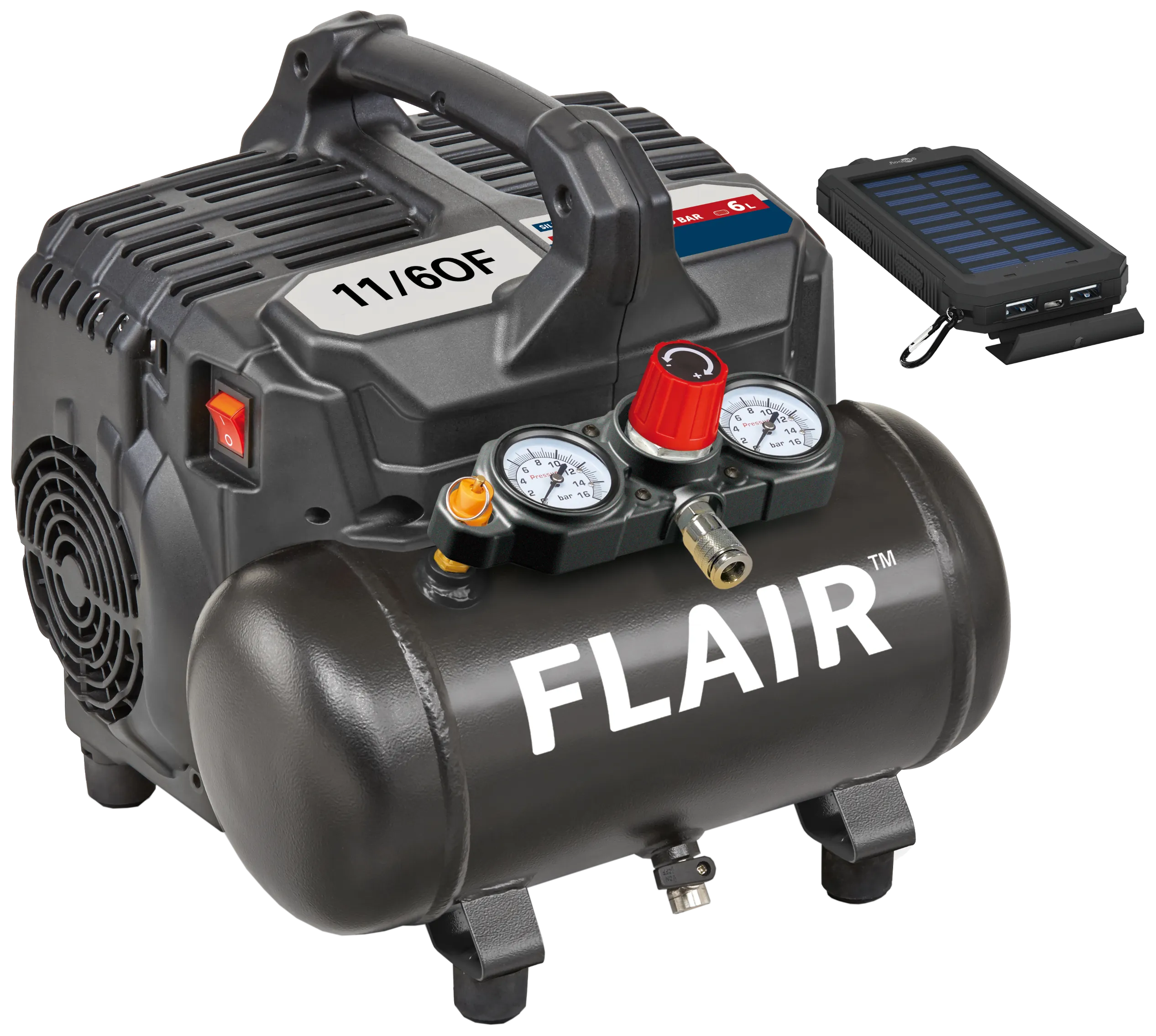 Flair 11/6OF kompressor 1,0 HK + powerbank med solceller
