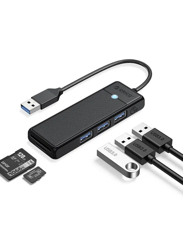 ORICO PAPW3AT-U3 USB Hub 4-port 3x USB-A 3.0 with microSD/SD card reader 1 m - black USB-hub - USB 3.0 - 4 porter - Svart