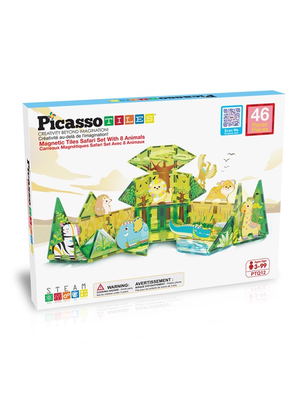 PicassoTiles Safari 46-delt magnetsett med 8 figurer