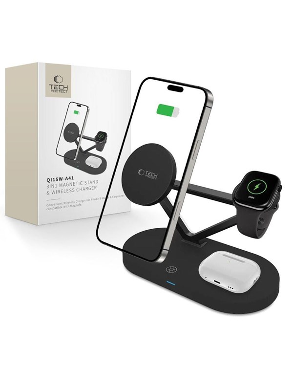Tech-Protect QI15W-A41 3in1 Wireless Charger with MagSafe for Apple Devices - Black