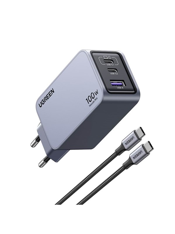 UGREEN Nexode Pro 100W 3-Port GaN Hurtiglader med 100W USB-C kabel