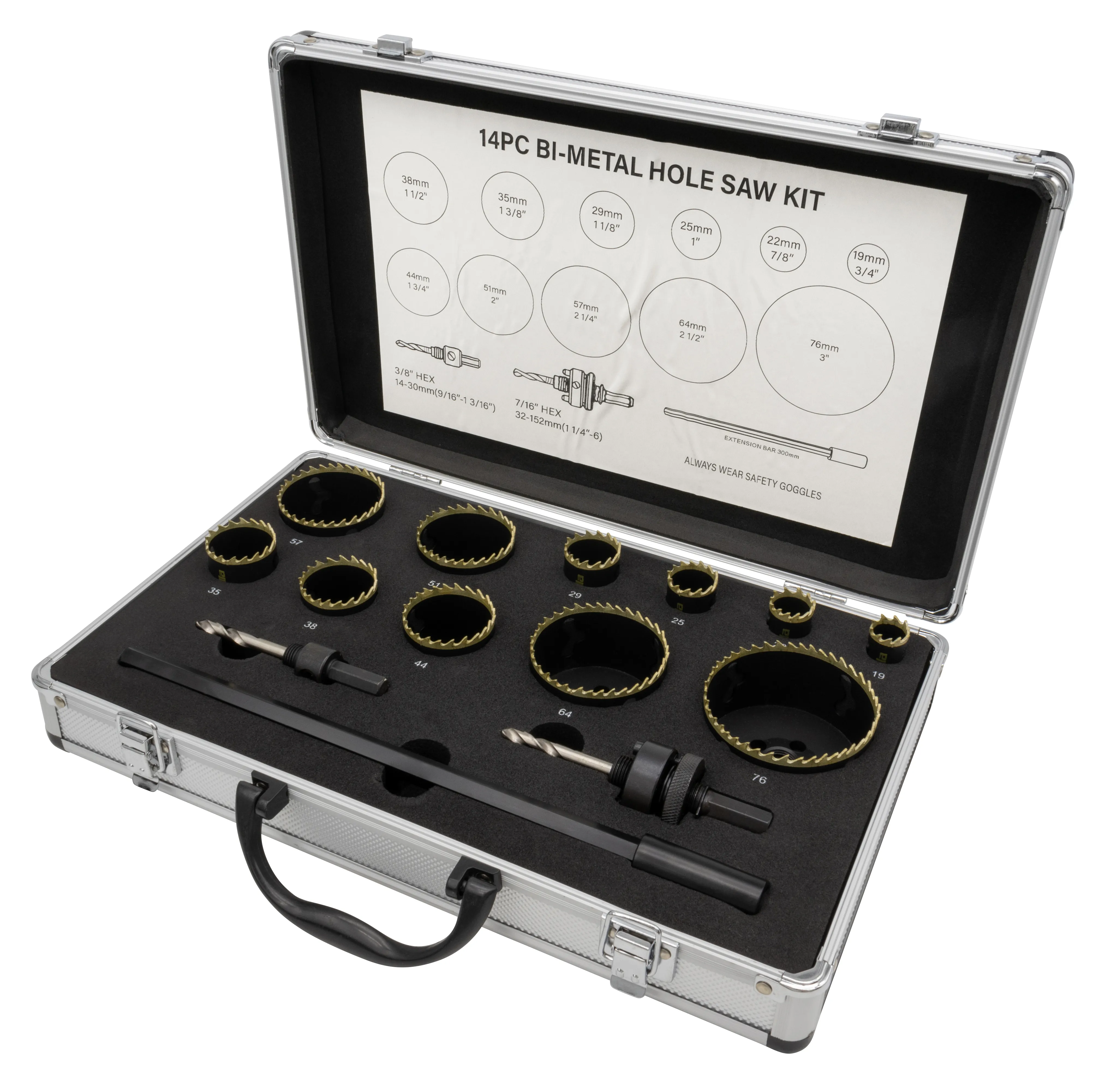 Hullsager i sett (14 deler) Ø19-76 mm HSS Bi-Metall M42 med 8% kobolt