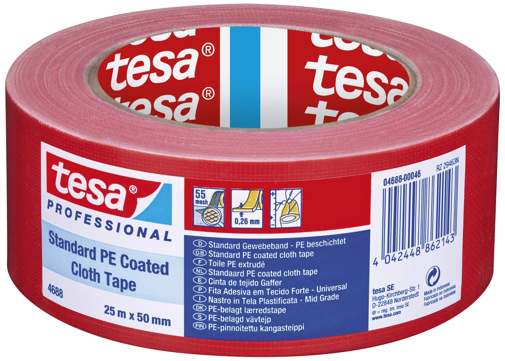 Tesa 4688 lærredstape PE-belagt rød 50mm×25m