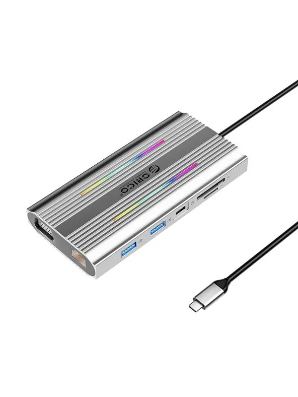 ORICO XDR 12in1 RGB USB-C Docking Station USB-A USB-C PD 100W 2x HDMI 4K 60Hz VGA RJ45 Gigabit SD and microSD Card Reader - Gray USB-hub - 12 porter - Grå