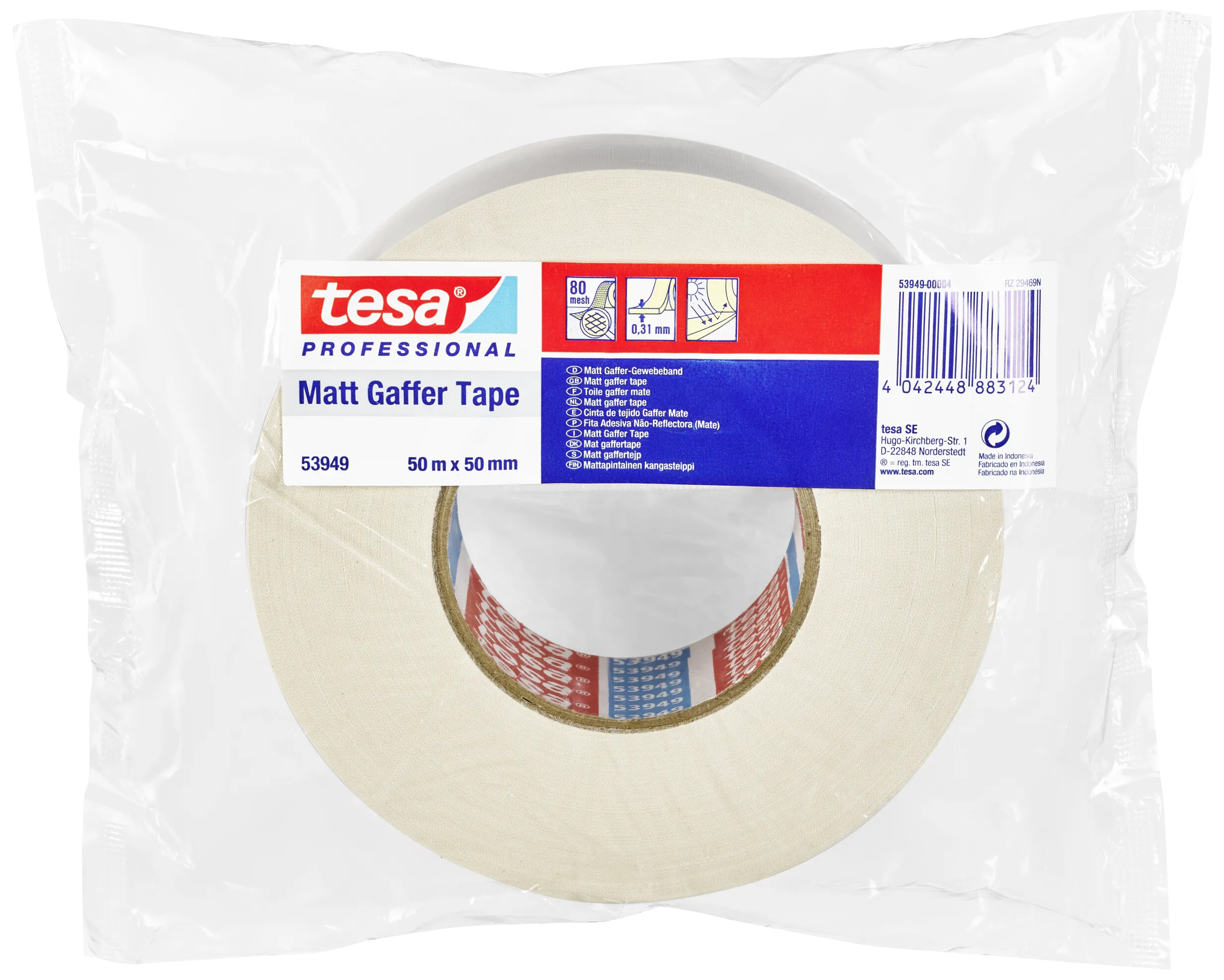 Tesa 53949 gaffertape lærred mathvid 50mm×50m