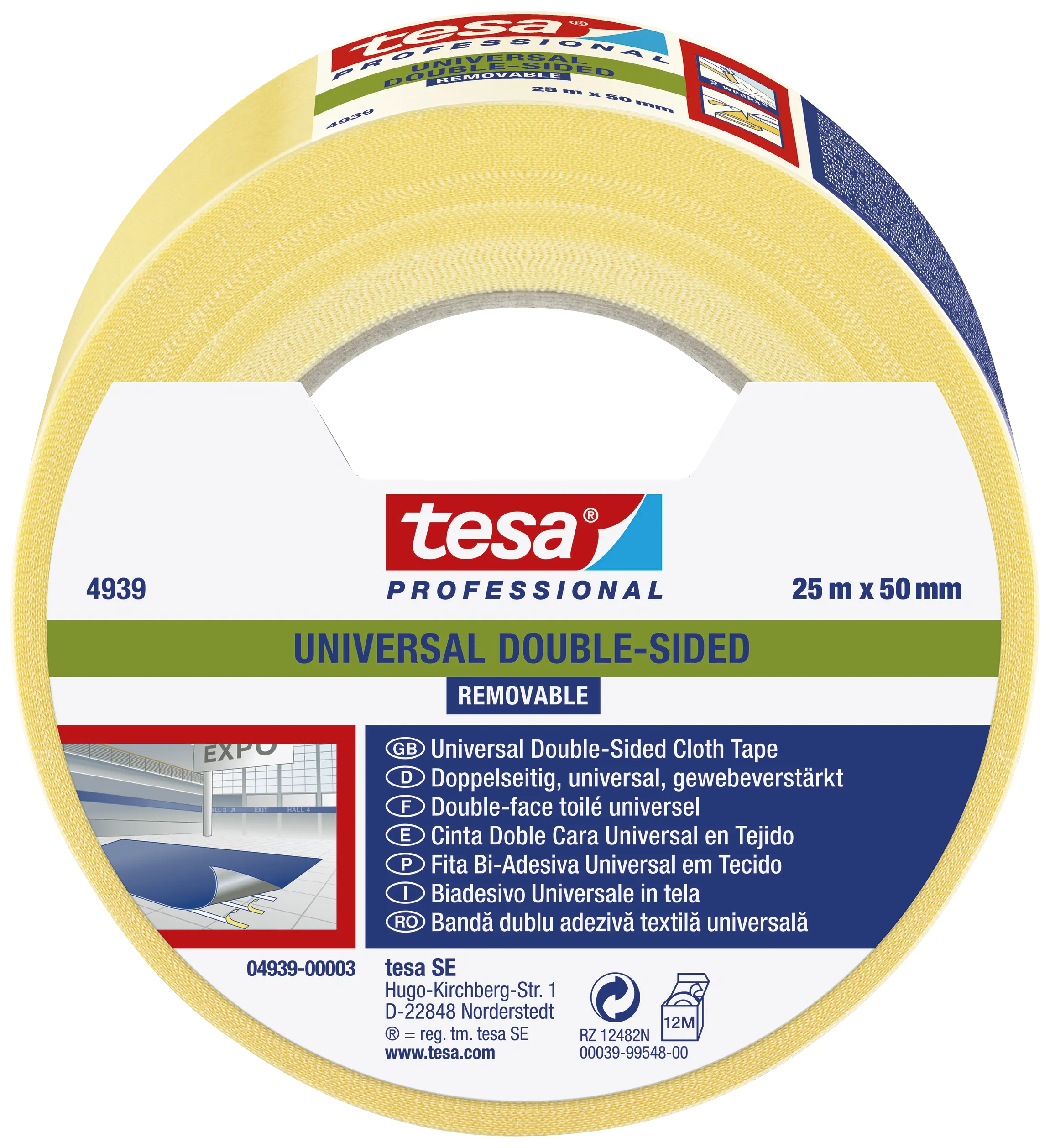 Tesa 4939 tæppetape dobbl.klæb aftagelig 50mm×25m