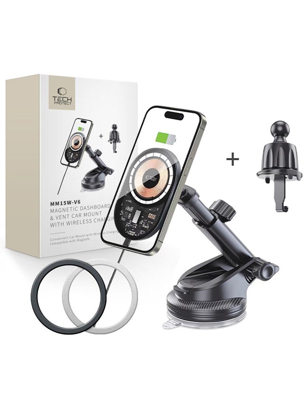 Tech-Protect Car Mount with 15W  MM15W-V6 Charger with MagSafe for Dashboard and Air Vent - Black