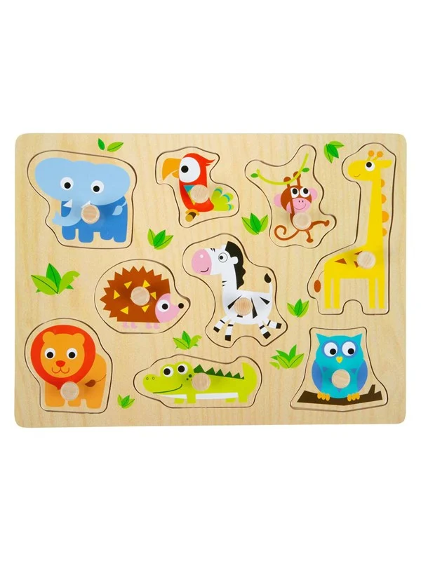 Small Foot - Wooden Stud Puzzle Zoo 9pcs. Tre
