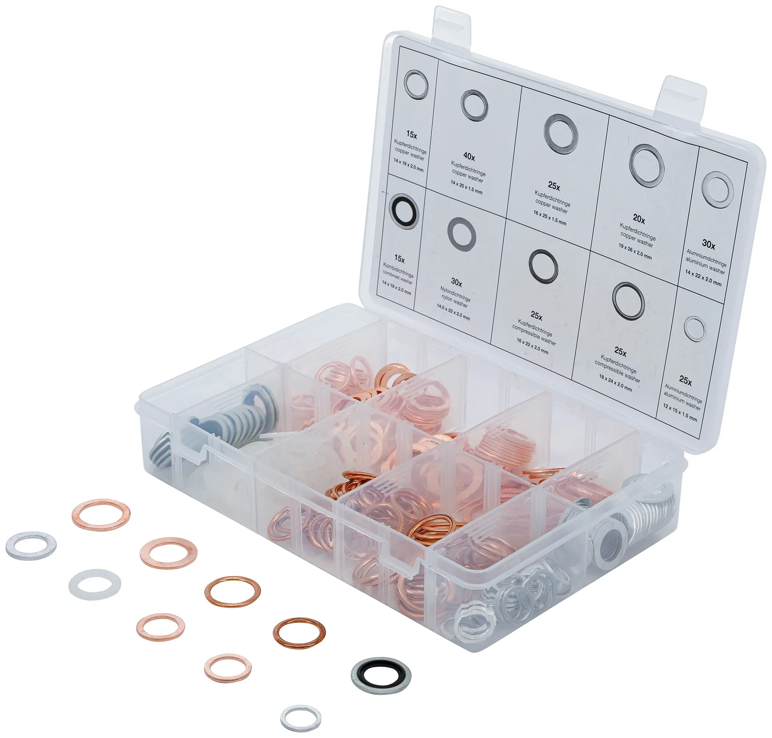 Tætningsringssortiment | kobber, aluminium, nylon | 250 dele
