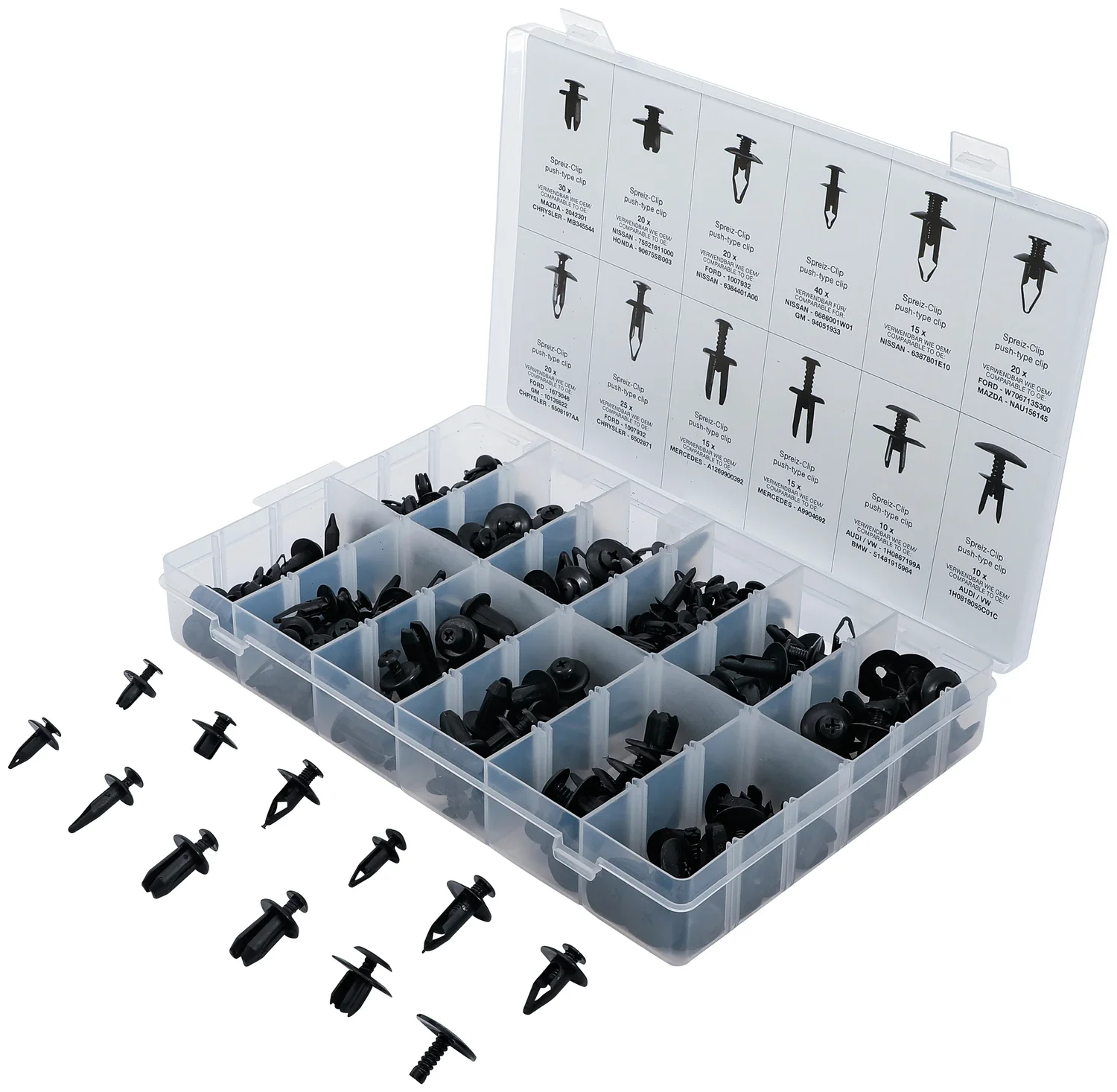 Sortiment af plastspredeclips til Mazda, Honda, Ford, Nissan, VW | 240 dele