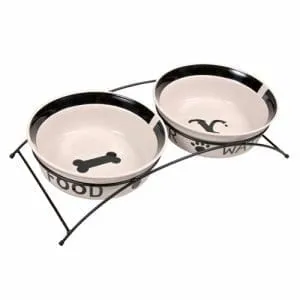 Trixie Food/Water bowl set ceramic/metal 2 × 0.25 l/ø 13 cm/27 × 7 × 14 cm white/black