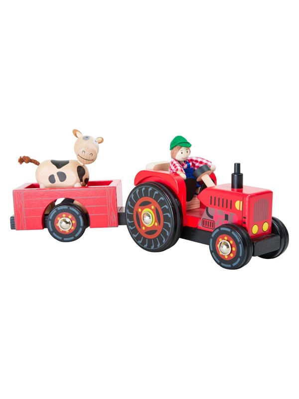 Small Foot - Wooden Tractor with Trailer Red and Trailer Red and Play Figures 4dlg.