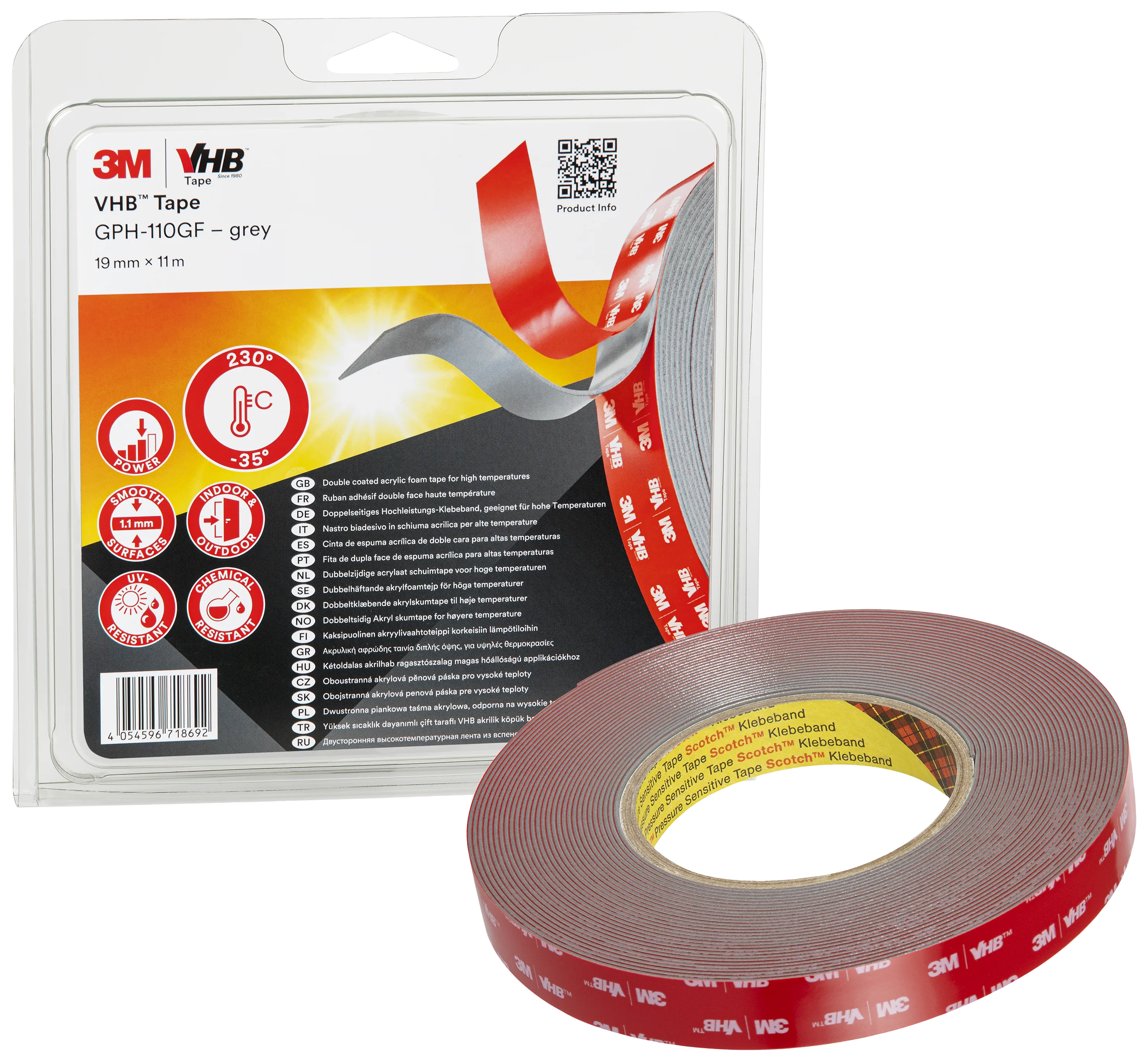 VHB dobbeltsidig tape GPH-110GF grå 1,1×19mm×11m