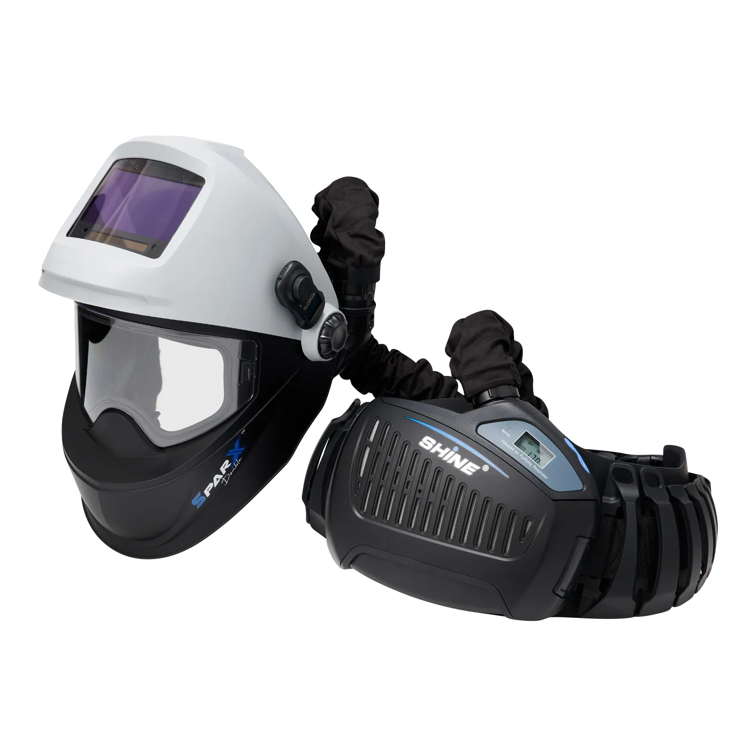 SHINE SPARX Double OLED+PAPR sveis- og slipemaske med True Colour OLED ADF og TH3 åndedrettsvern