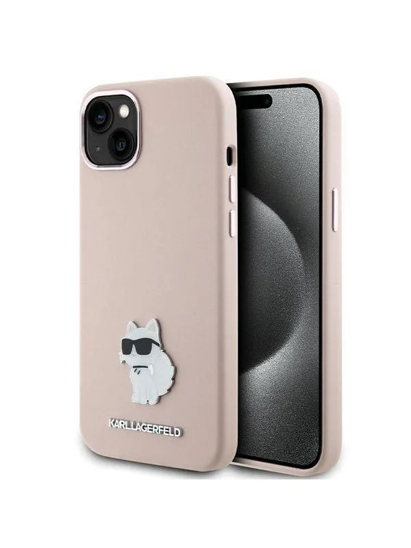 Karl Lagerfeld Silicone Choupette Metal Pin Case for iPhone 15 Plus / 14 Plus - Pink