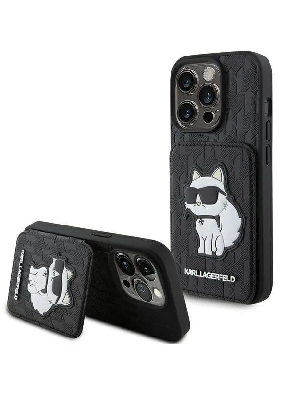 Karl Lagerfeld Saffiano Cardslots and Stand Monogram Choupette Case for iPhone 15 Pro - Black