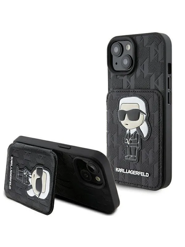 Karl Lagerfeld Saffiano Cardslots and Stand Monogram Ikonik Patch case for iPhone 15 - black