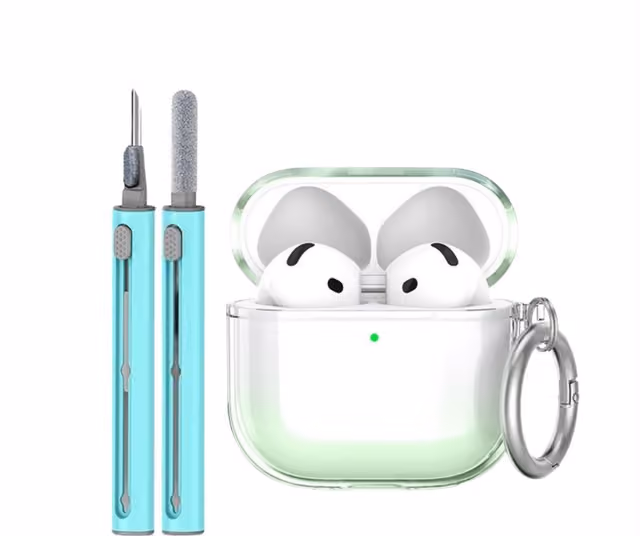 Beskyttende TPU-dekselsett kompatibelt med Apple AirPods 4 med rengjøringspenn og nøkkelring Grønn