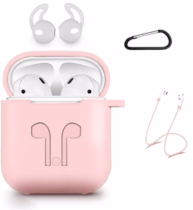 Silikonsett for Airpods, silikonetui, stropp, ørepropper i silikon, karabinkrok, rosa