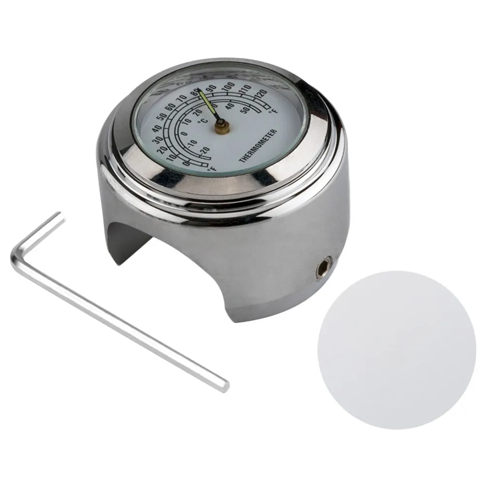 Termometer for motorsykkel 22-25,4 mm styre med lysende overflate - sølvfarget skall med hvit urskive