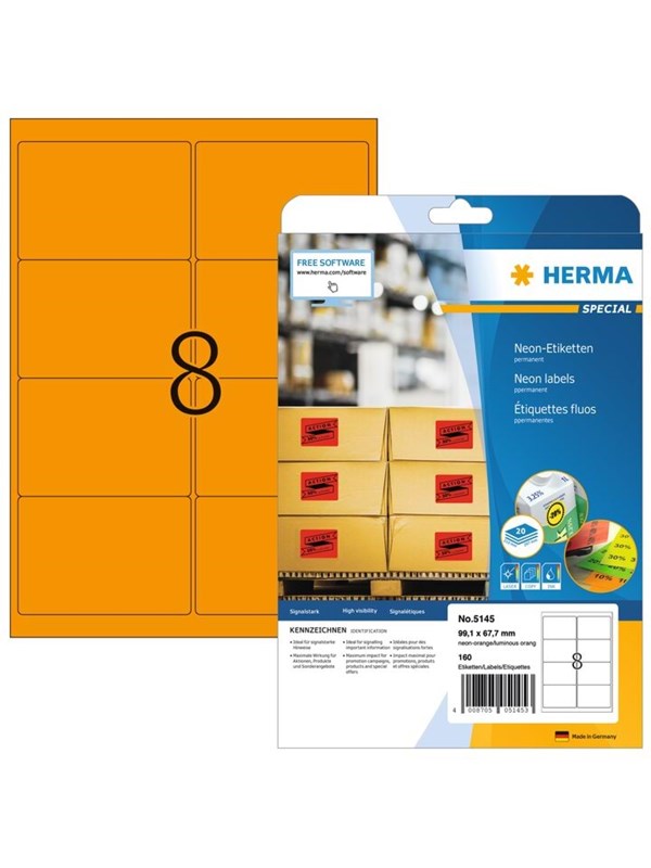 HERMA 5145 / Neon labels A4 99.1 x 67.7 mm luminous orange permanent adhesion