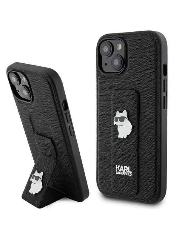 Karl Lagerfeld Gripstand Saffiano Choupette Pins Case for iPhone 15 Plus / 14 Plus - Black