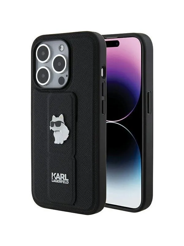 Karl Lagerfeld Gripstand Saffiano Choupette Pins case for iPhone 15 Pro - black
